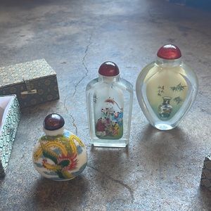 Vintage Collection ; 3 Chinese glass Bottles , with wood dippers.
